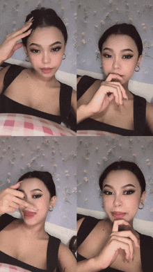 a collage of four photos of a woman in a black dress