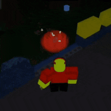 a cartoon character with a red shirt and yellow arms is standing in front of a red ball