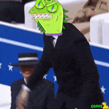 a cartoon of a man in a suit with a lizard head