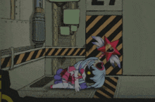 a cartoon character is laying on the floor in front of a sign that says 27