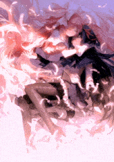 two anime girls are hugging each other with feathers around them