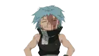 a cartoon character with blue hair and black gloves on