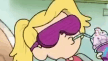 a cartoon girl is wearing a purple eye mask and drinking from a cup .