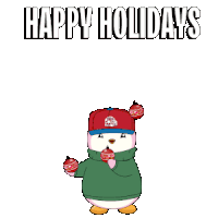 a penguin wearing a red hat and scarf holding christmas ornaments with the words happy holidays below it