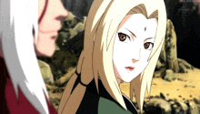 a man and a woman are standing next to each other in a scene from a tv show called naruto