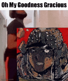 a man with a beard is standing next to a painting of a samurai
