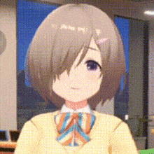 a girl with short brown hair and purple eyes is wearing a yellow sweater and a bow tie