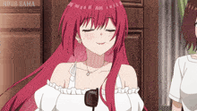 a girl with red hair is wearing sunglasses and a white top with the words ndbs sama on the bottom