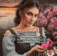 a painting of a woman holding a pink flower with the words weekend relaxant