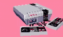 a pixel art drawing of a nintendo entertainment system on a pink background
