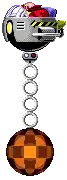 a pixel art drawing of a robot hanging from a chain next to a ball .