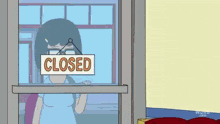 a cartoon character is looking out of a window with a closed sign hanging on the door .