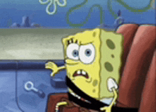 spongebob squarepants is wearing a seat belt in a car .
