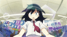 a girl in a white shirt and red tie is standing in front of a store display