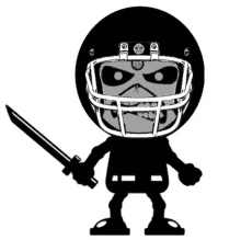 a black and white drawing of a football player with a helmet and a sword