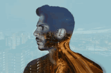a double exposure of a man 's head and a city street