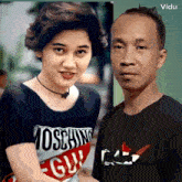 a woman wearing a moschino shirt is next to a man