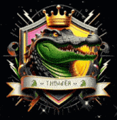a picture of a crocodile with a crown and a banner that says thundeia
