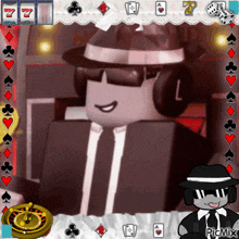 a picture of a man wearing a hat and sunglasses with a picture of a roulette wheel and playing cards