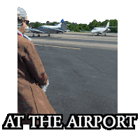 a person standing on a runway with the words " at the airport " above them