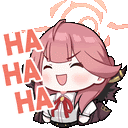 a cartoon of a girl with pink hair laughing and saying ha ha ha ha .