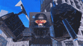 a robot with a helmet on is holding a weapon