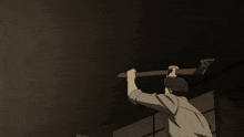 two men are fighting with a sword that is glowing