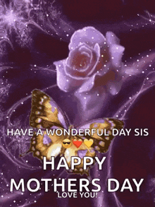 a mother 's day card with a butterfly and a purple rose