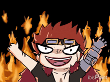 a cartoon drawing of a man with a gun in front of a fire with the word ibis paint on the bottom