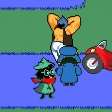 a pixel art of a man laying on his back with a motorcycle