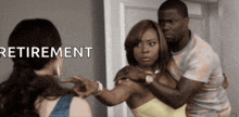 a man and a woman are standing in front of a door with the word retirement written on the bottom