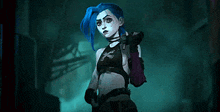 jinx from arcane is standing in a dark room with a gun in her hand .