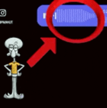 squidward from spongebob squarepants is standing next to a red arrow pointing up