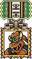 a pixel art of bowser in a frame with a banner behind him .