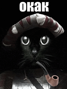 a black cat wearing a hat and holding a pipe with the word okak written above it