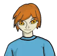 a cartoon of a boy with red hair and a blue shirt