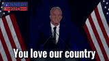 a man is giving a speech in front of an american flag and the words you love our country