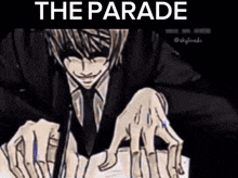 a man in a suit and tie is writing on a piece of paper with the words the parade behind him