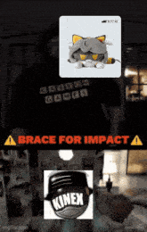 a brace for impact sign with a picture of a cat and a kinesix logo
