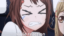 a girl with a crying face and the words viole reaction written next to her