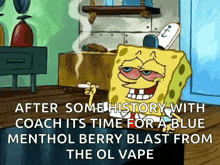 a cartoon of spongebob smoking a cigarette and saying after some history
