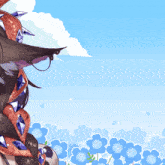 a cartoon drawing of a girl with a snake around her neck and blue flowers in the background