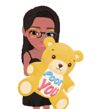 a cartoon girl is holding a teddy bear that says poor you
