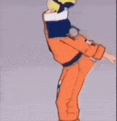 a cartoon of a man in an orange suit standing on one leg with his legs crossed .