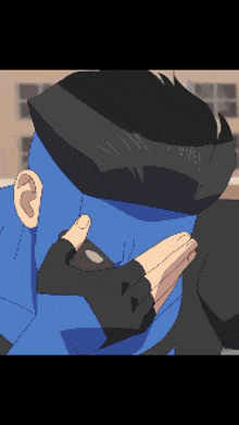 a pixel art drawing of a man with blue skin