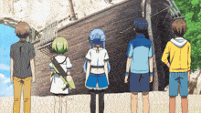 a group of anime characters are standing in front of a wooden ship