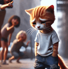 a cat wearing a white shirt and jeans is standing on a street