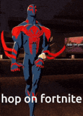 a cartoon character with the words hop on fortnite written on the bottom