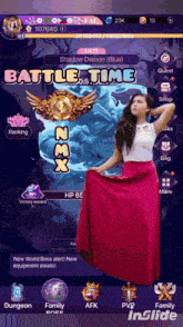 a woman in a long pink skirt is standing in front of a screen that says battle time