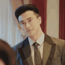 a man in a suit and tie is standing in front of a window .